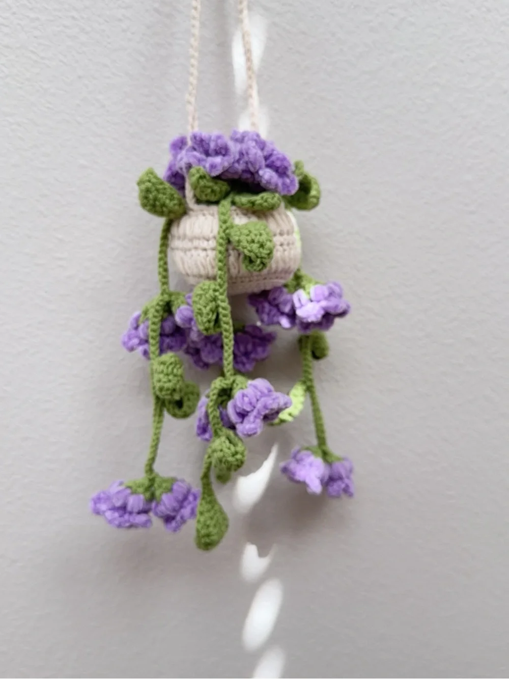 Handmade Cream and Purple Crochet Hanging Wall Planter